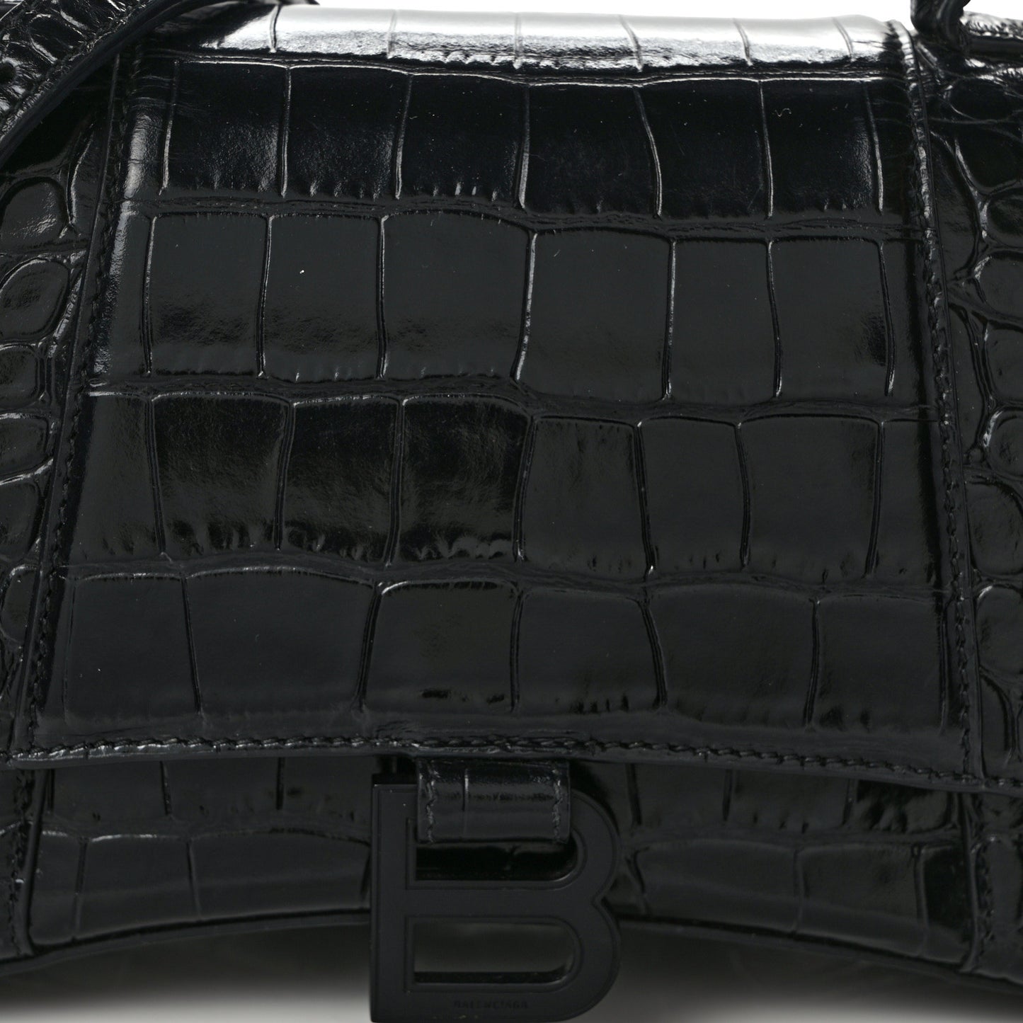 Shiny Calfskin Monochrome Crocodile Embossed Small Hourglass Top Handle Bag Black