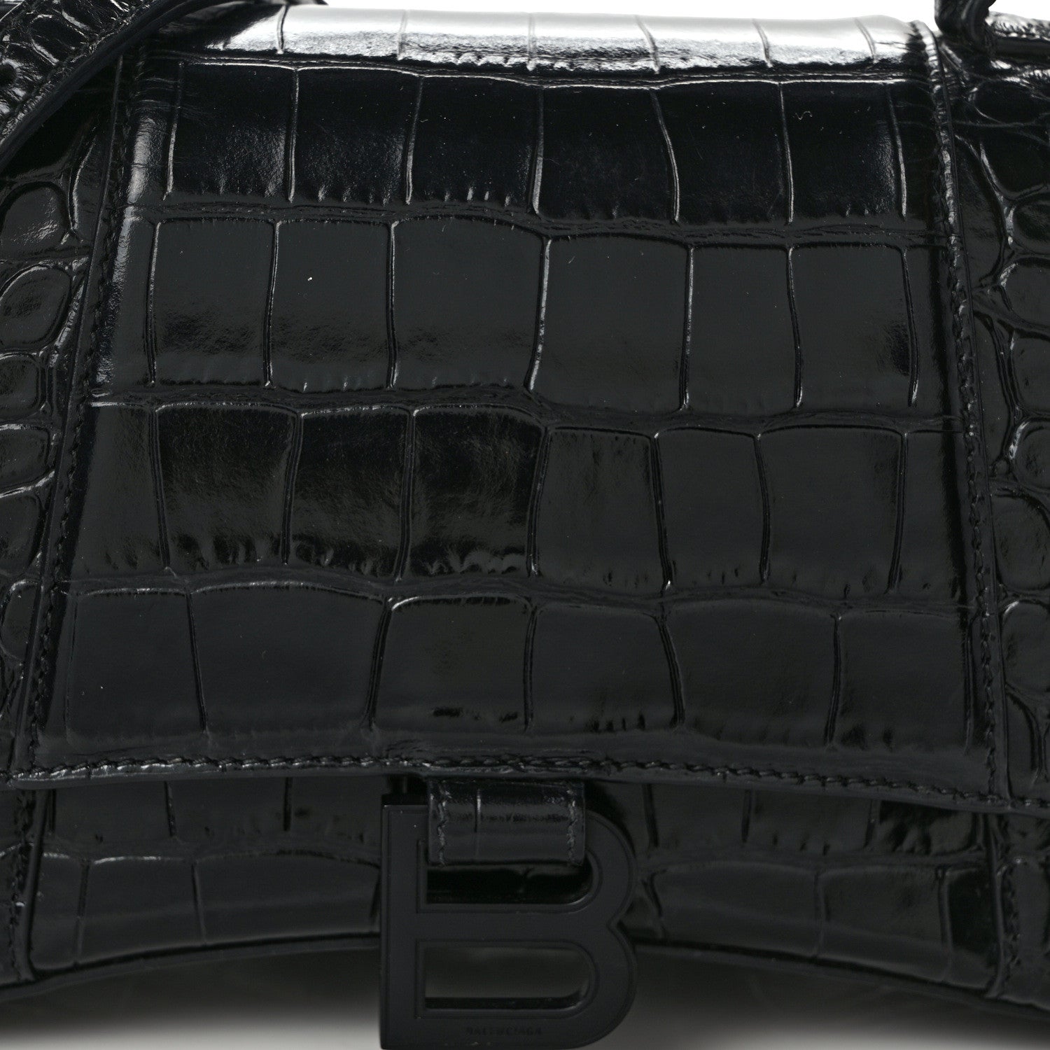 Balenciaga Shiny Calfskin Monochrome Crocodile Embossed Small Hourglass Top Handle Bag Black 7 of 14