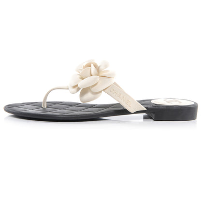 Chanel Jelly Quilted Camellia Thong Sandals 40 Black White 1 of 6
