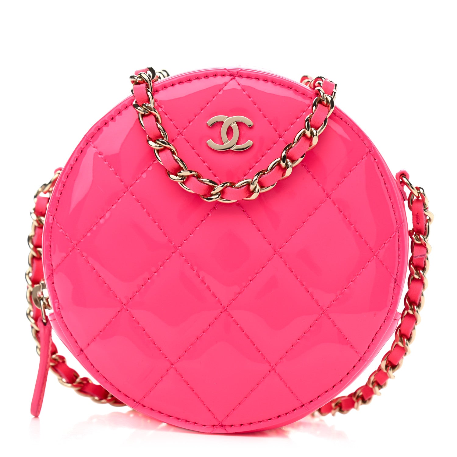 Chanel Patent Quilted Round Clutch With Chain Dark Pink 1 of 12