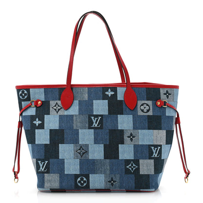 Louis Vuitton Denim Damier Monogram Patchwork Neverfull Blue Rouge 1 of 12