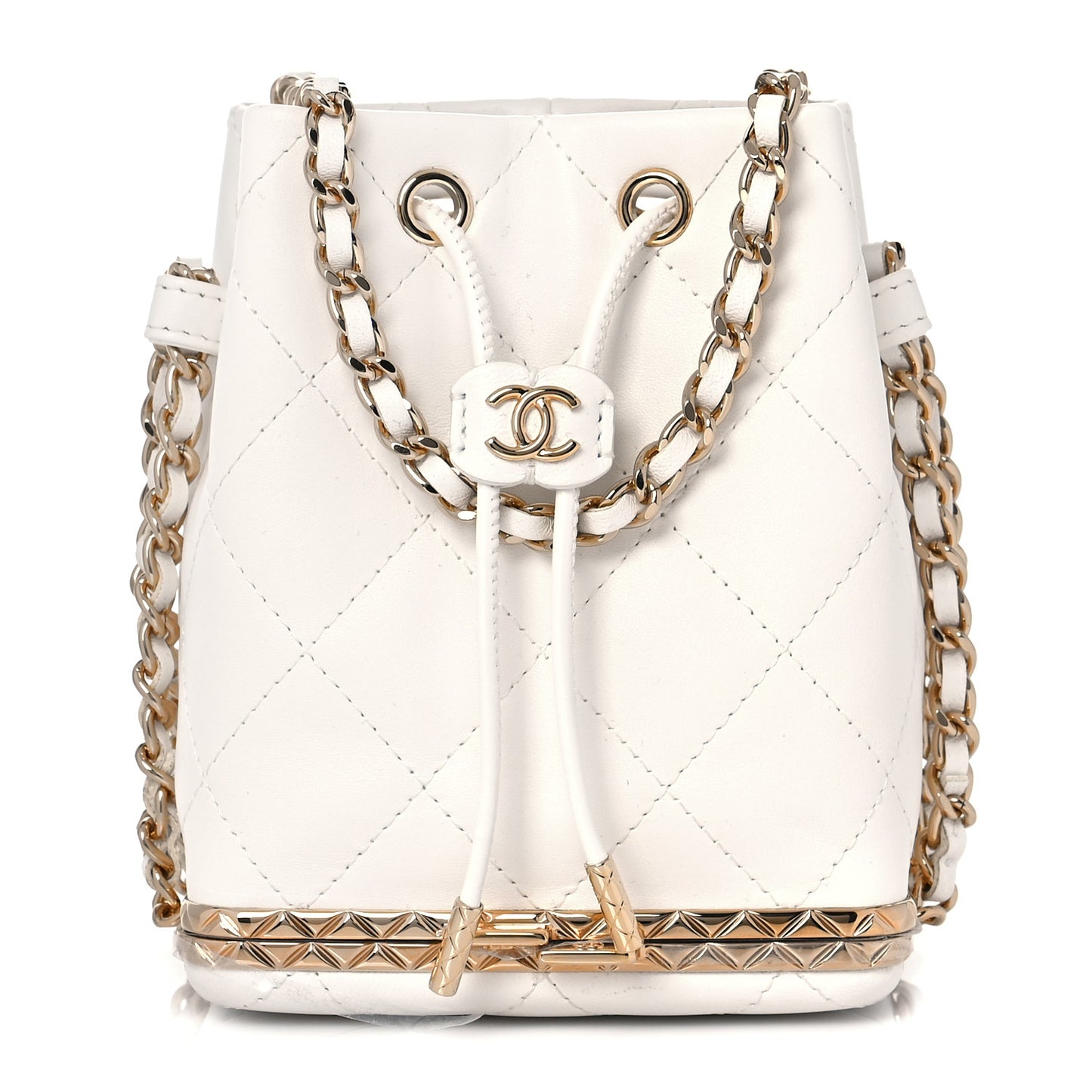 Metal Lambskin Quilted Small Chain Bucket Bag White
