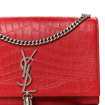 Saint Laurent Calfskin Crocodile Embossed Medium Classic Monogram Kate Tassel Satchel New Red 9 of 11