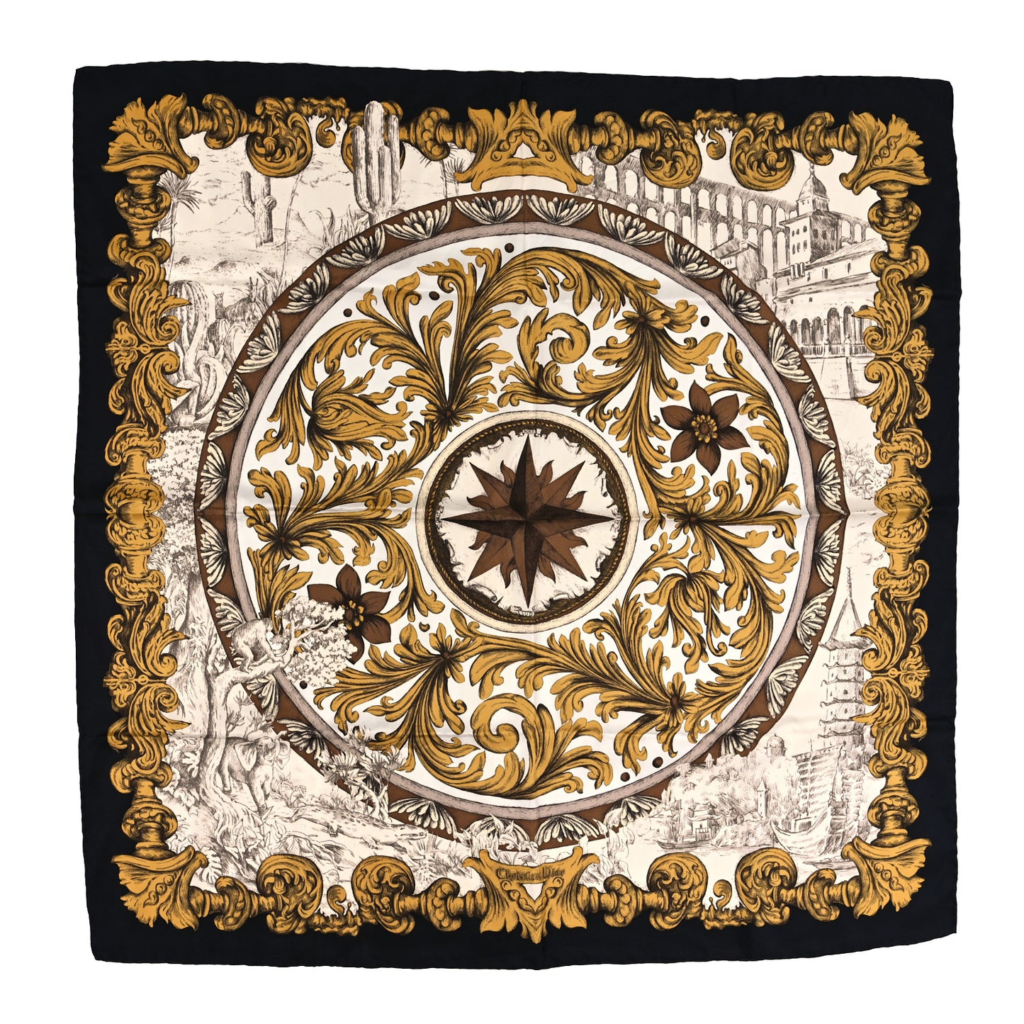 Silk Star Square Scarf Gold Black