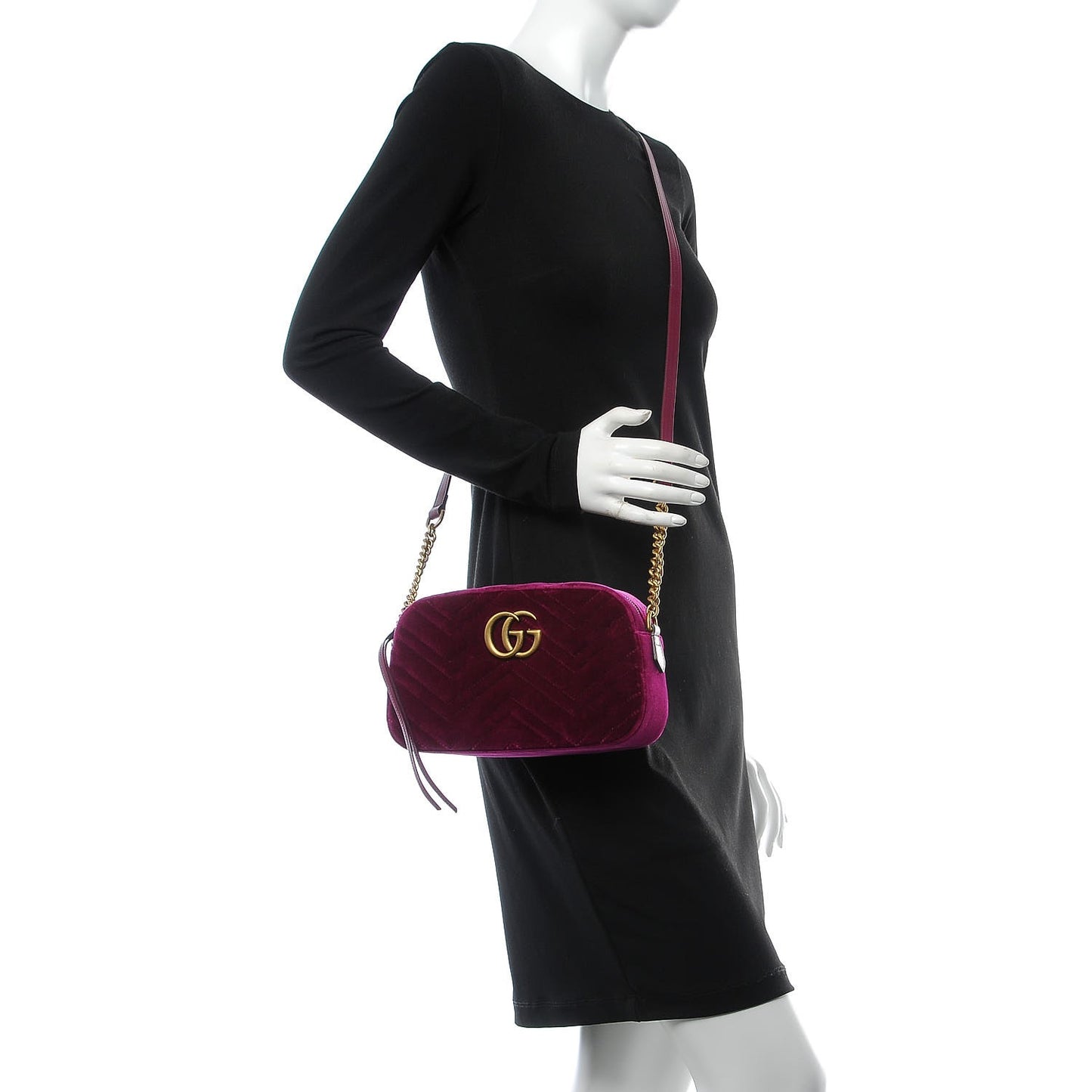 Velvet Matelasse Small GG Marmont Chain Shoulder Bag Fuchsia Violet Cyclamen