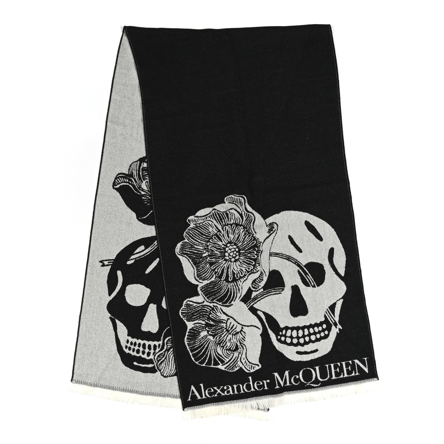 小物 Alexander Mcqueen Skull Flower Scarf Alexander McQueen Wool Flower Skulls Scarf Black White 1839199