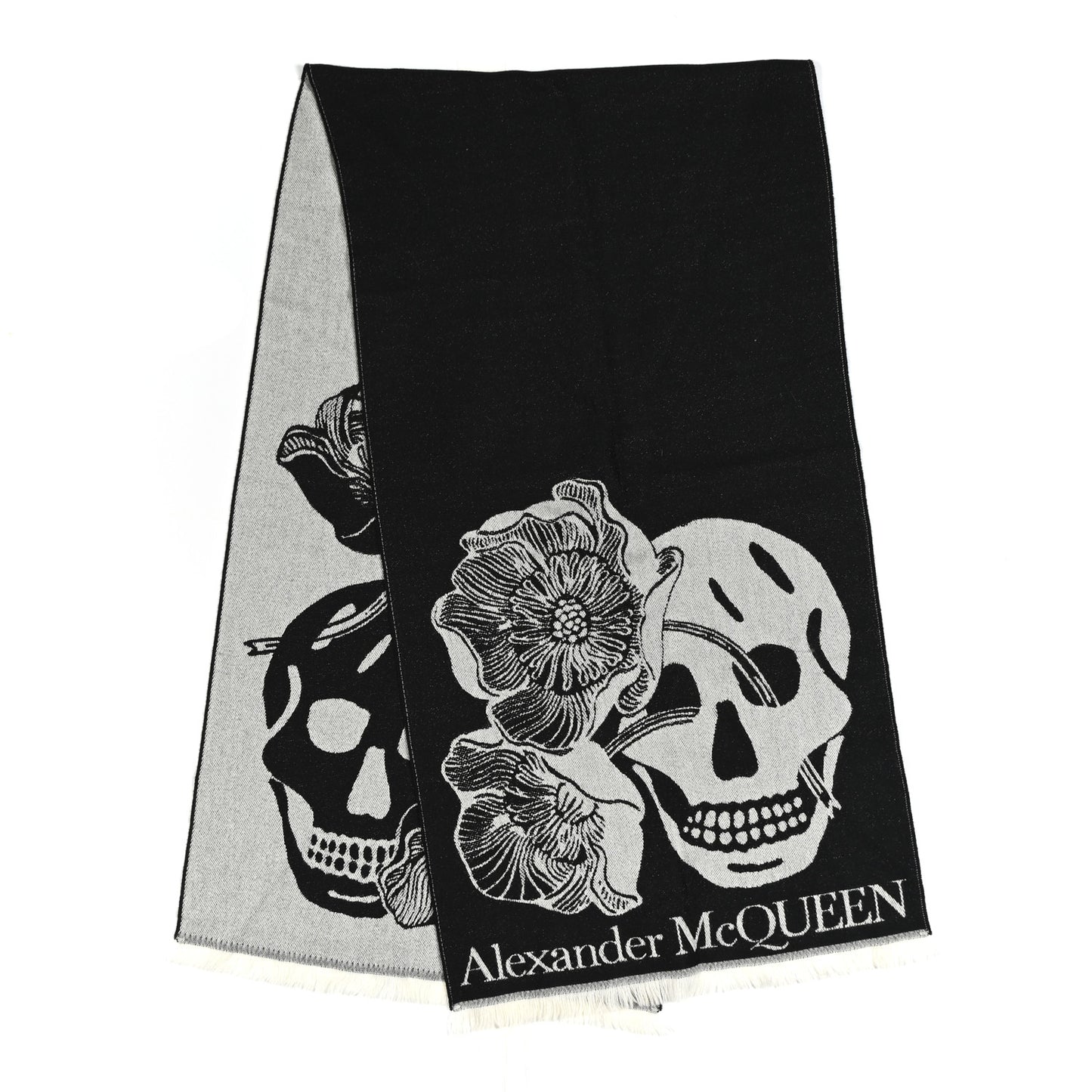 Wool Flower Skulls Scarf Black White