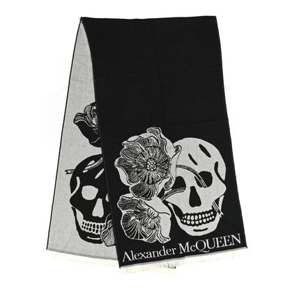Alexander McQueen Wool Flower Skulls Scarf Black White 2 of 4