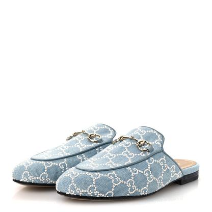 Gucci GG Denim Monogram Pearl Womens Princetown Slippers 37 Light Blue 4 of 10