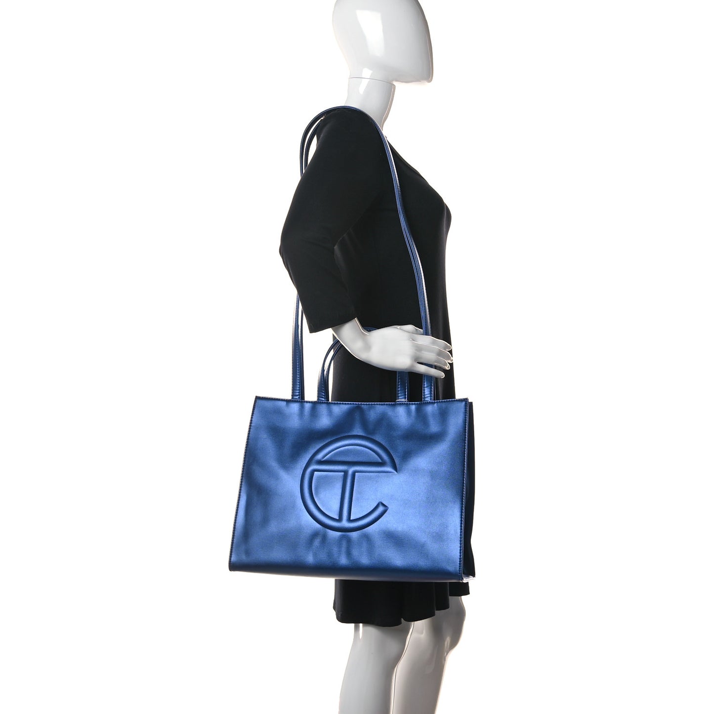 Metallic Vegan Leather Medium Shopping Bag Cobalt