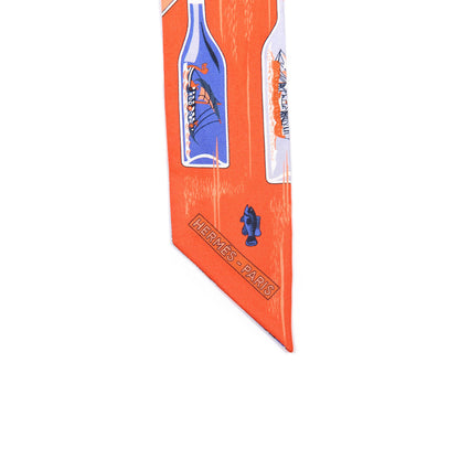 Hermes Silk Caleche Mors Et Bouteilles Twilly Vermilion Corail Bleu 4 of 4