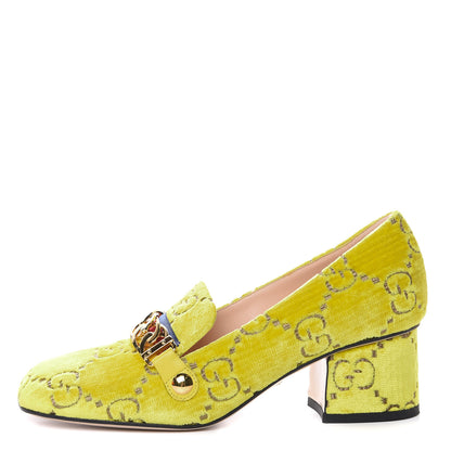 Gucci Velvet GG Monogram Sylvie Web Chain Mid Heel Loafers 36 Sunny Beige 1 of 11