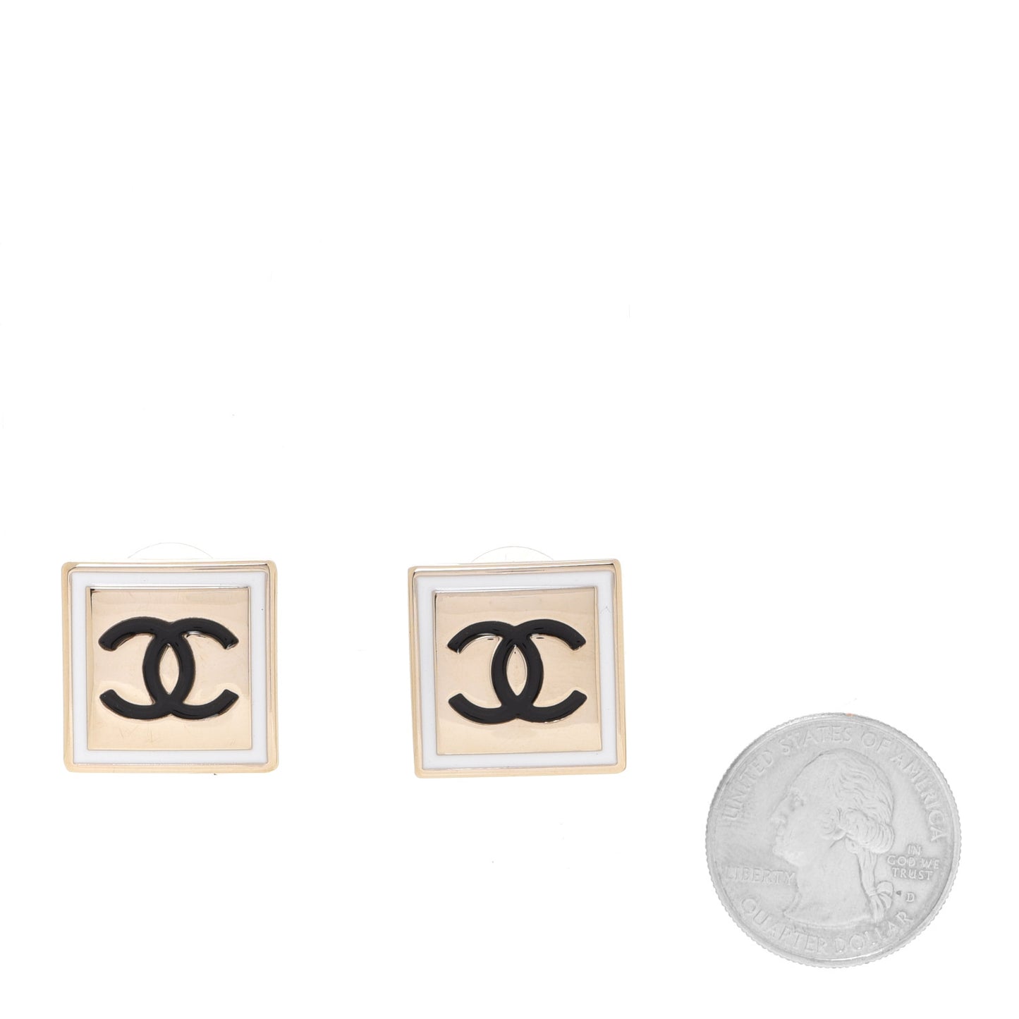 Metal Enamel CC Square Earrings Gold Black White
