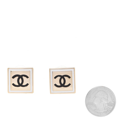 Chanel Metal Enamel CC Square Earrings Gold Black White 2 of 4