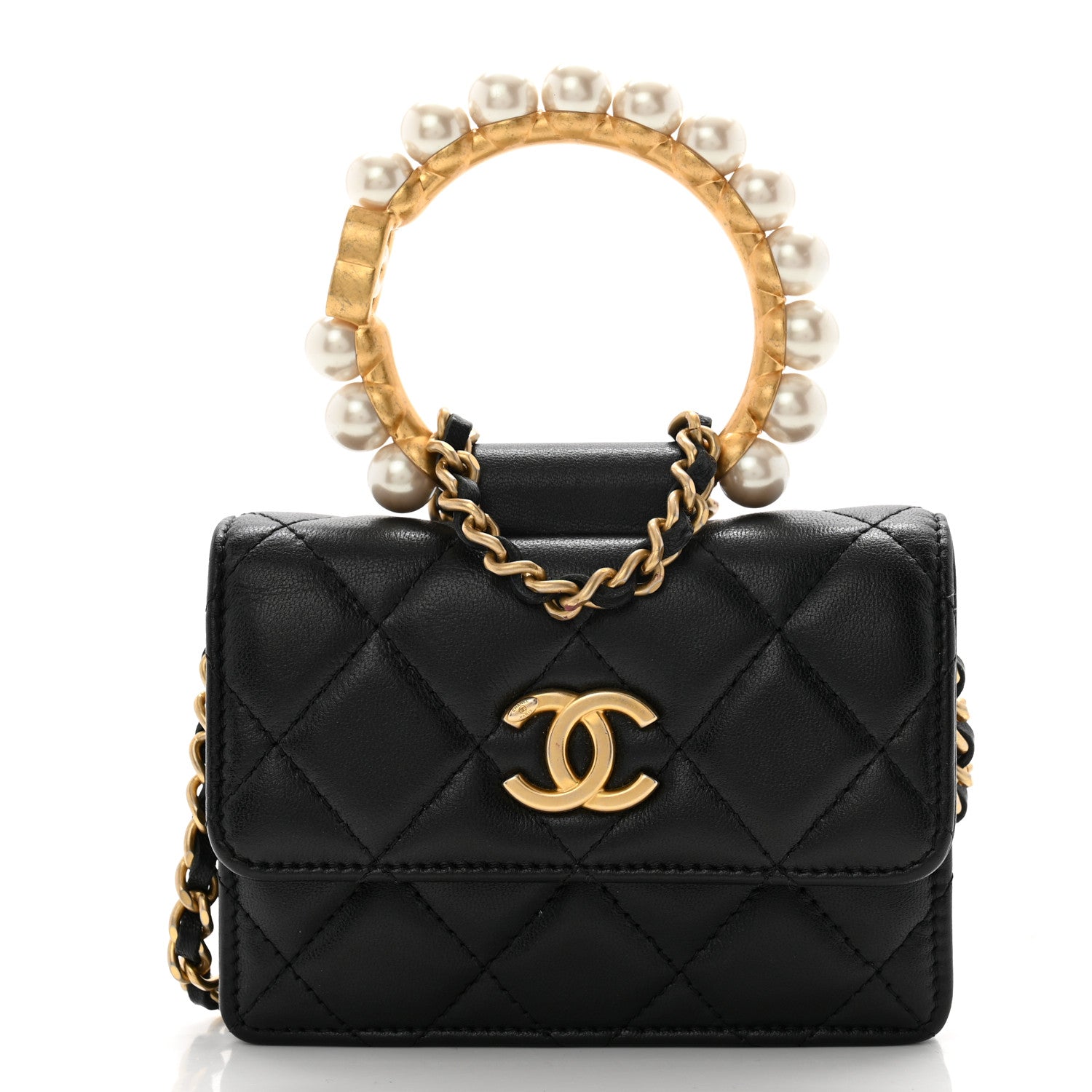 Chanel Lambskin Quilted Pearl Crown Clutch With Chain Black 1 of 15
