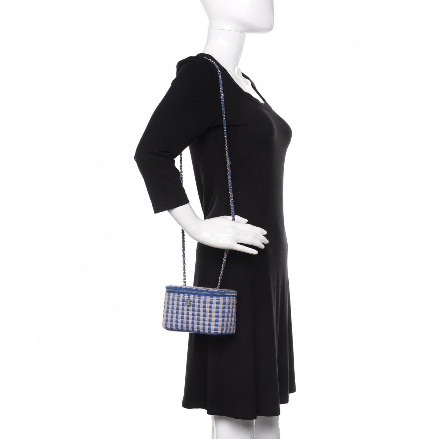 Raffia Jute Striped Small Vanity Case With Chain Blue Beige