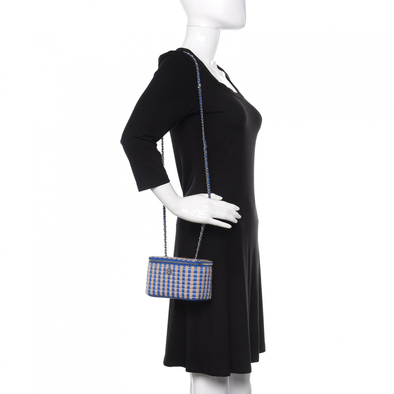 Chanel Raffia Jute Striped Small Vanity Case With Chain Blue Beige 2 of 10