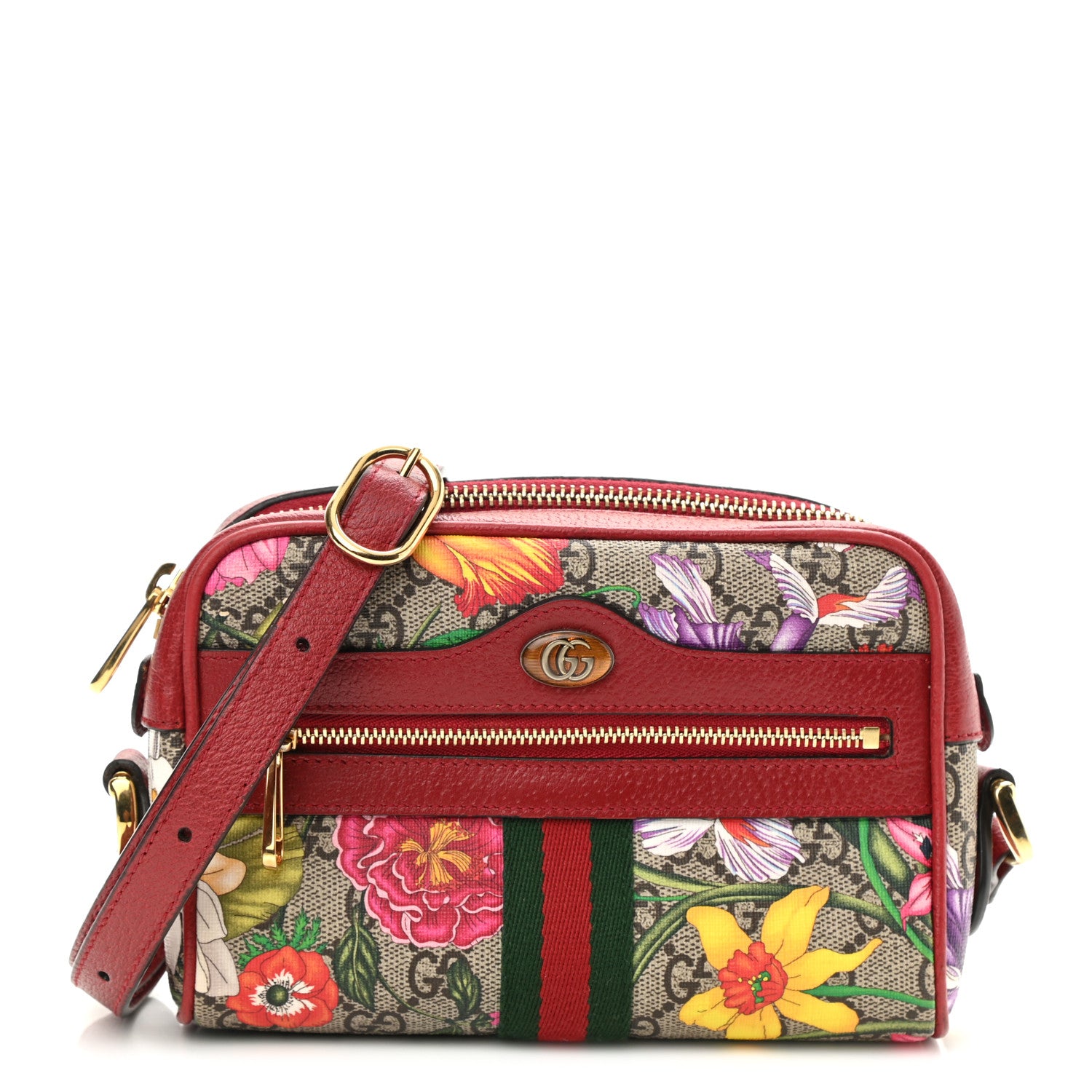 Gucci GG Supreme Monogram Flora Web Mini Ophidia Shoulder Bag Red 1 of 11