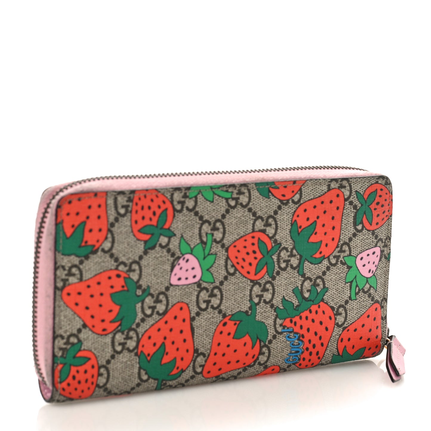 GG Supreme Monogram Strawberry Zip Around Wallet Light Pink