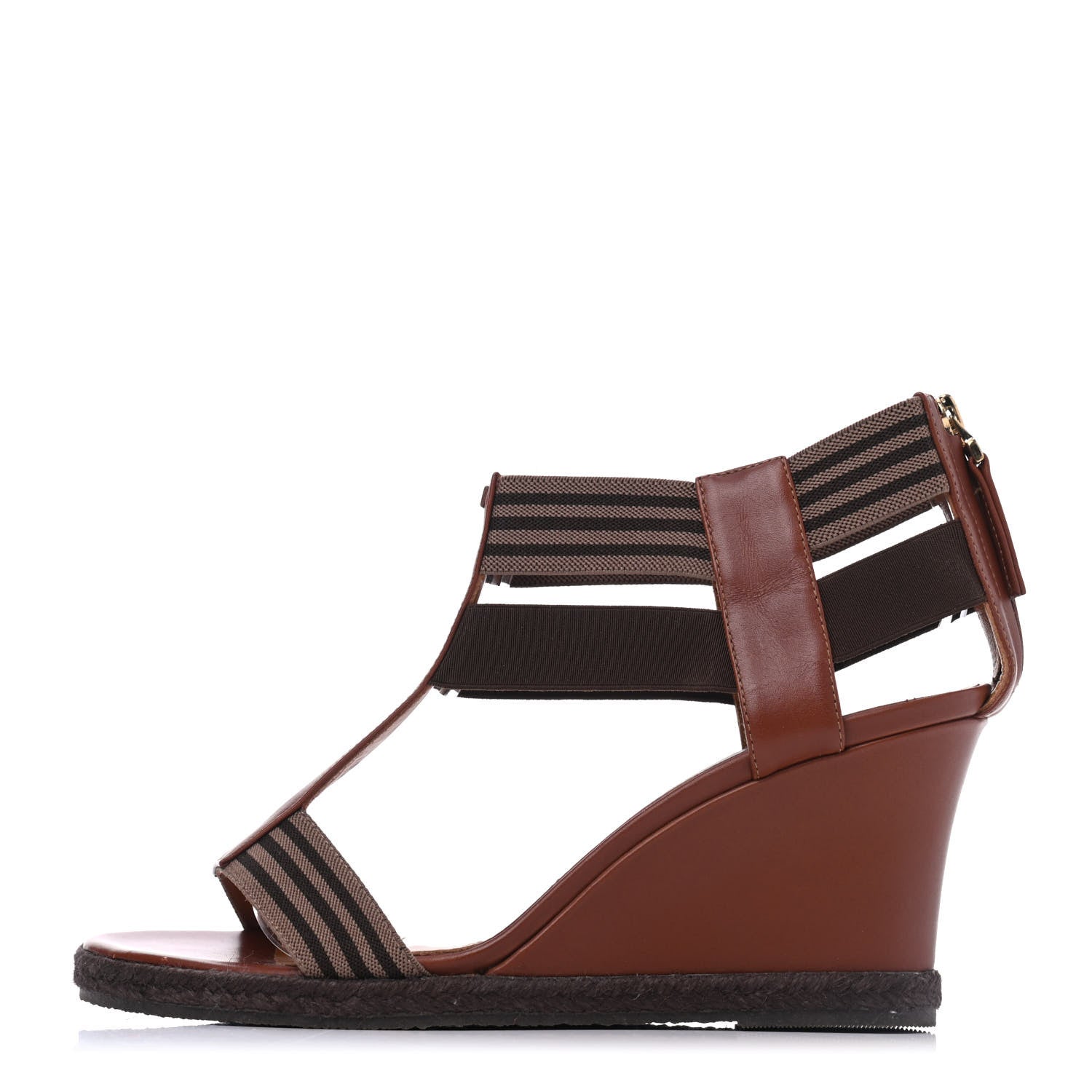 Fendi Calfskin Elastic T-Strap Wedge Sandals 36.5 Tobacco 1 of 14