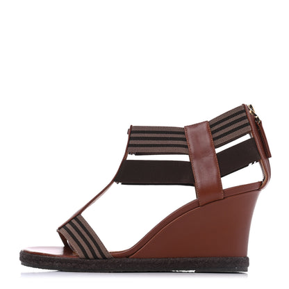 Fendi Calfskin Elastic T-Strap Wedge Sandals 36.5 Tobacco 1 of 14
