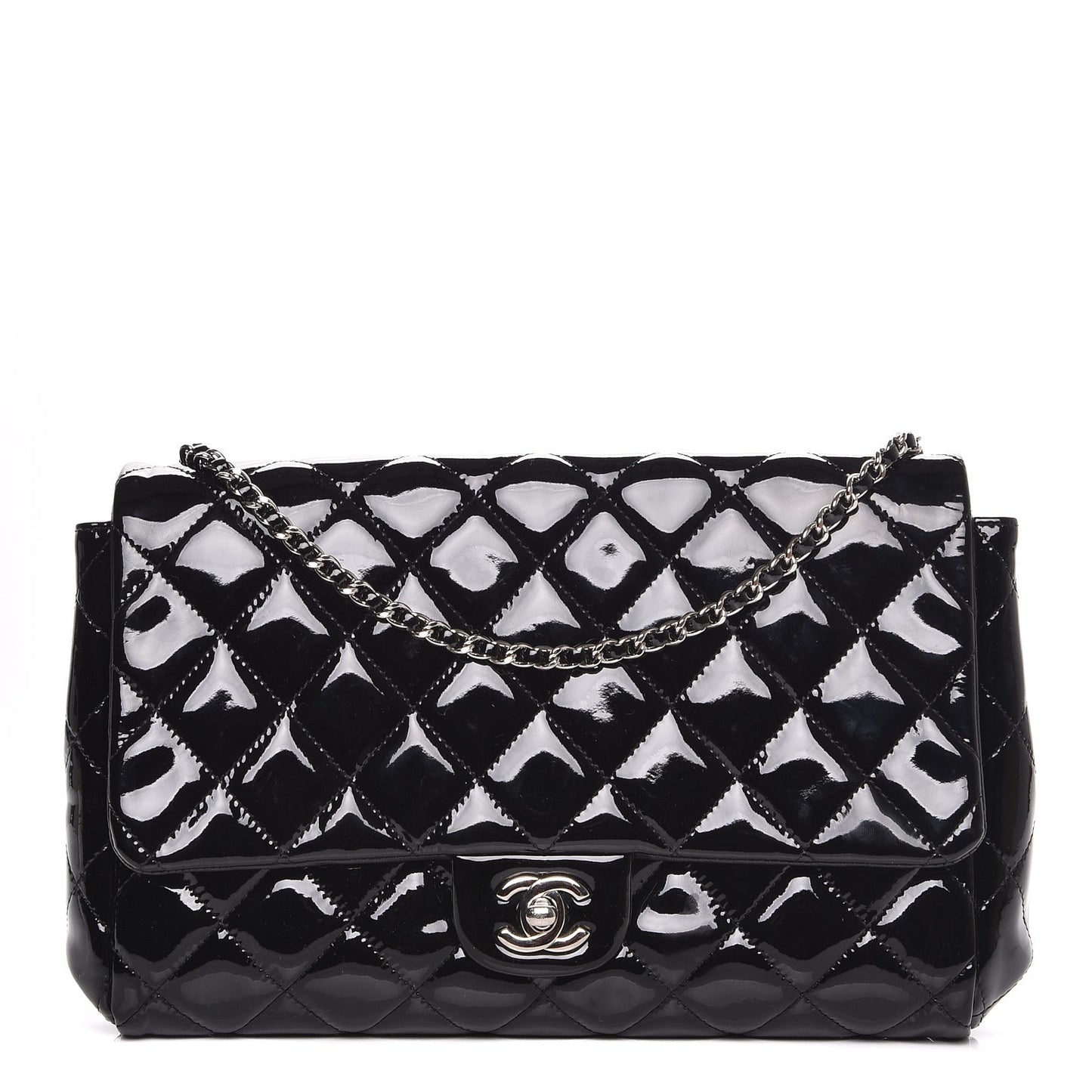 Patent Quilted Clutch with Chain Flap Black
