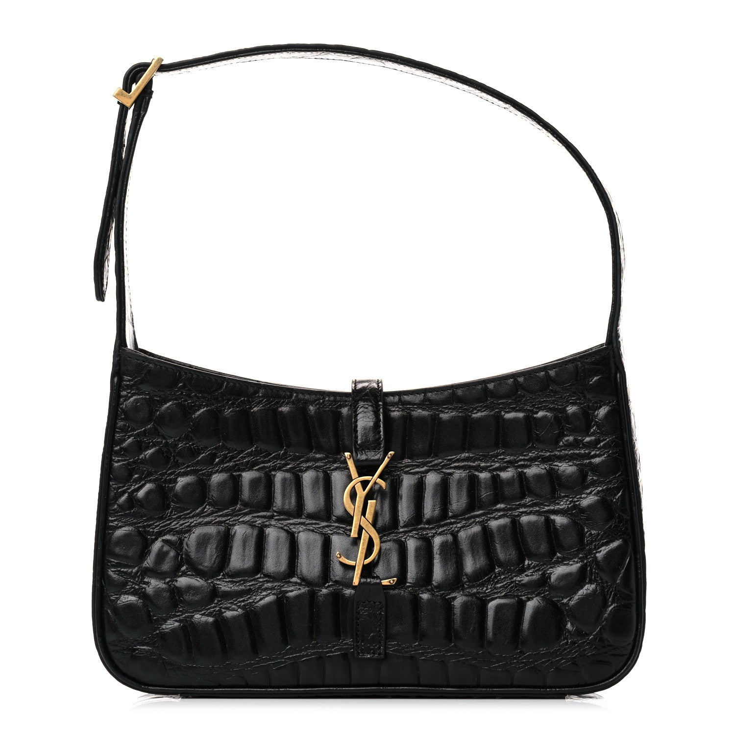 YSL様 Saint Laurent Calfskin Crocodile Embossed Le 5 A 7 Hobo Black