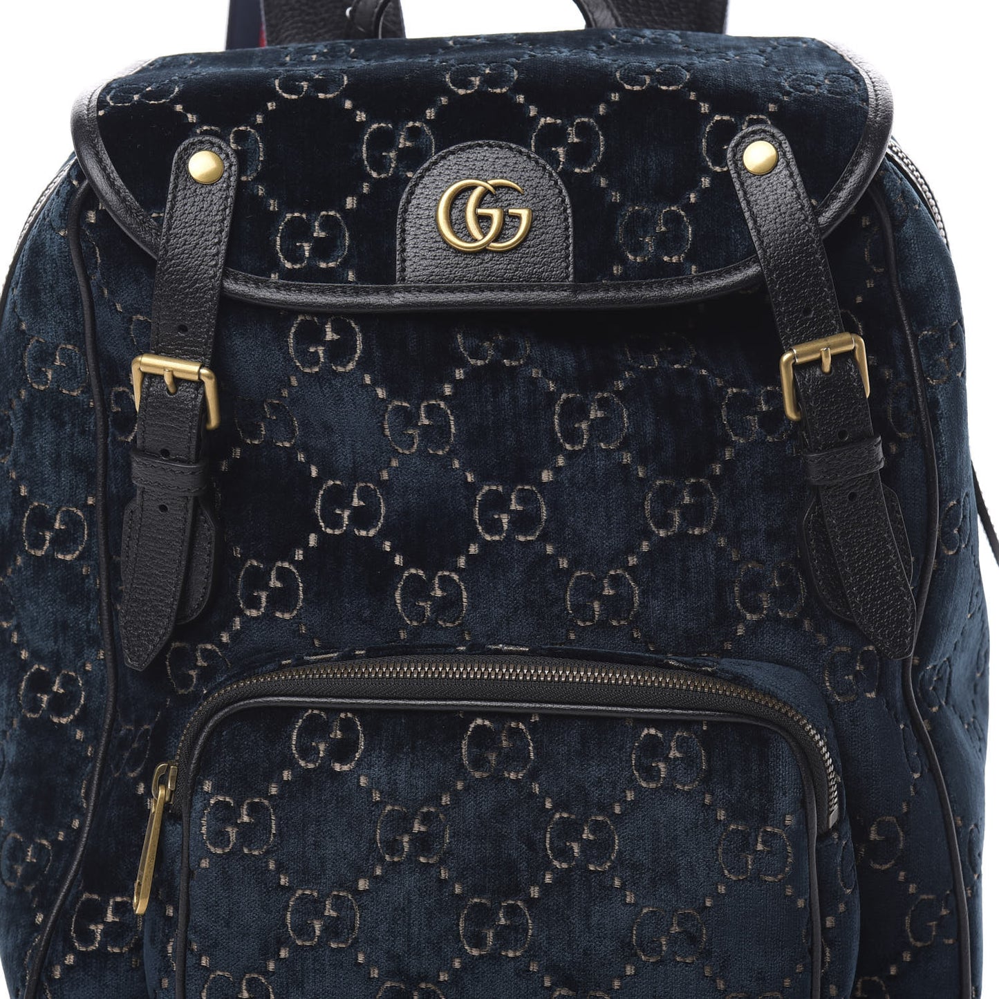 Velvet GG Monogram Textured Calfskin Web Small Double Buckle Backpack Blue Beige Black