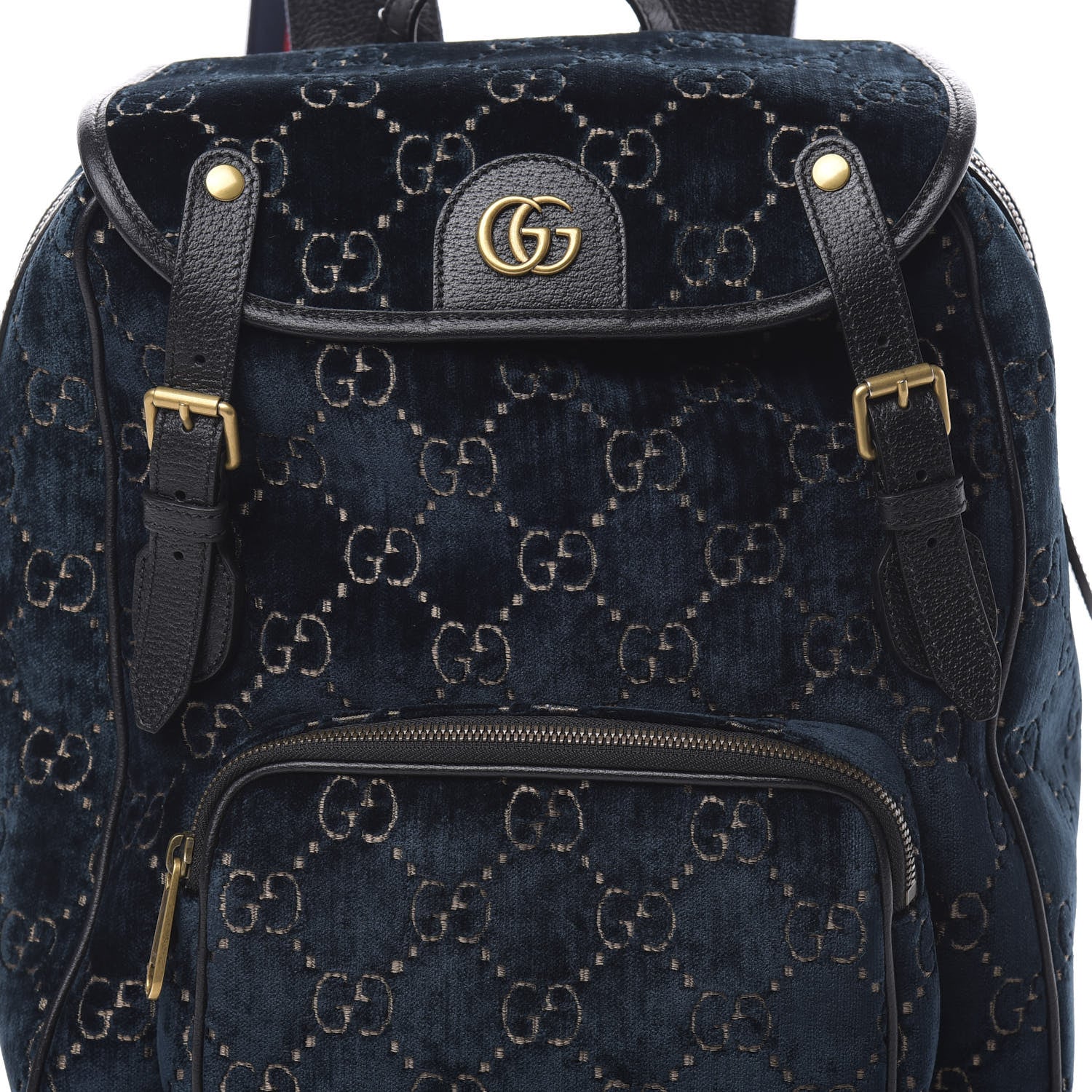 Gucci Velvet GG Monogram Textured Calfskin Web Small Double Buckle Backpack Blue Beige Black 7 of 9