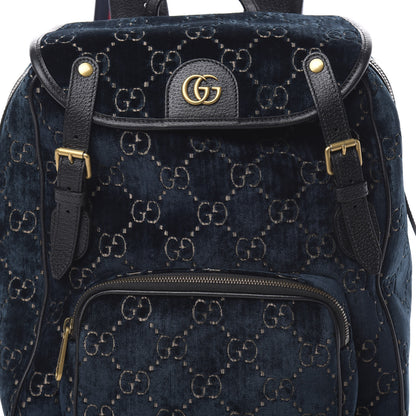 Gucci Velvet GG Monogram Textured Calfskin Web Small Double Buckle Backpack Blue Beige Black 7 of 9
