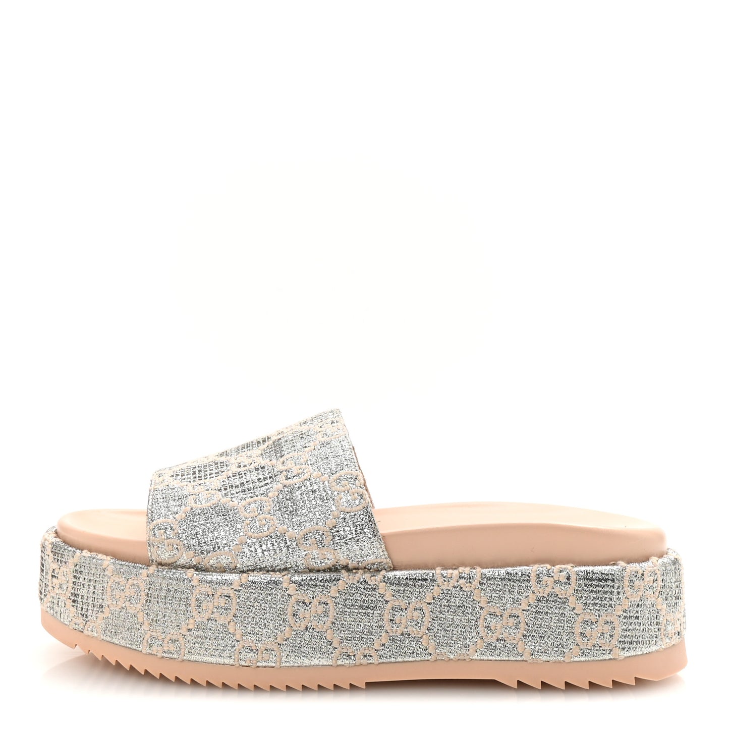 Lame Heritage GG Monogram Angelina Platform 55mm Slide Sandals 39 Silver Beige
