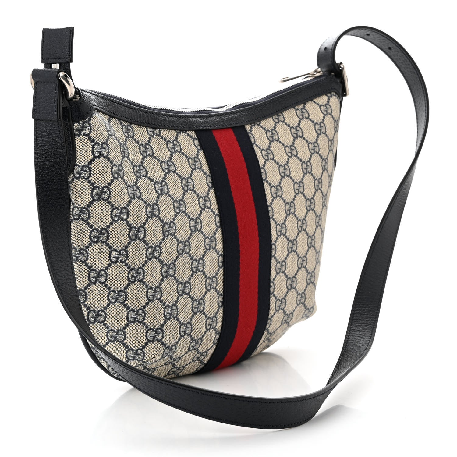 Gucci GG Supreme Monogram Textured Dollar Calfskin Web Small Ophidia Half Moon Hobo Beige Blue 3 of 10