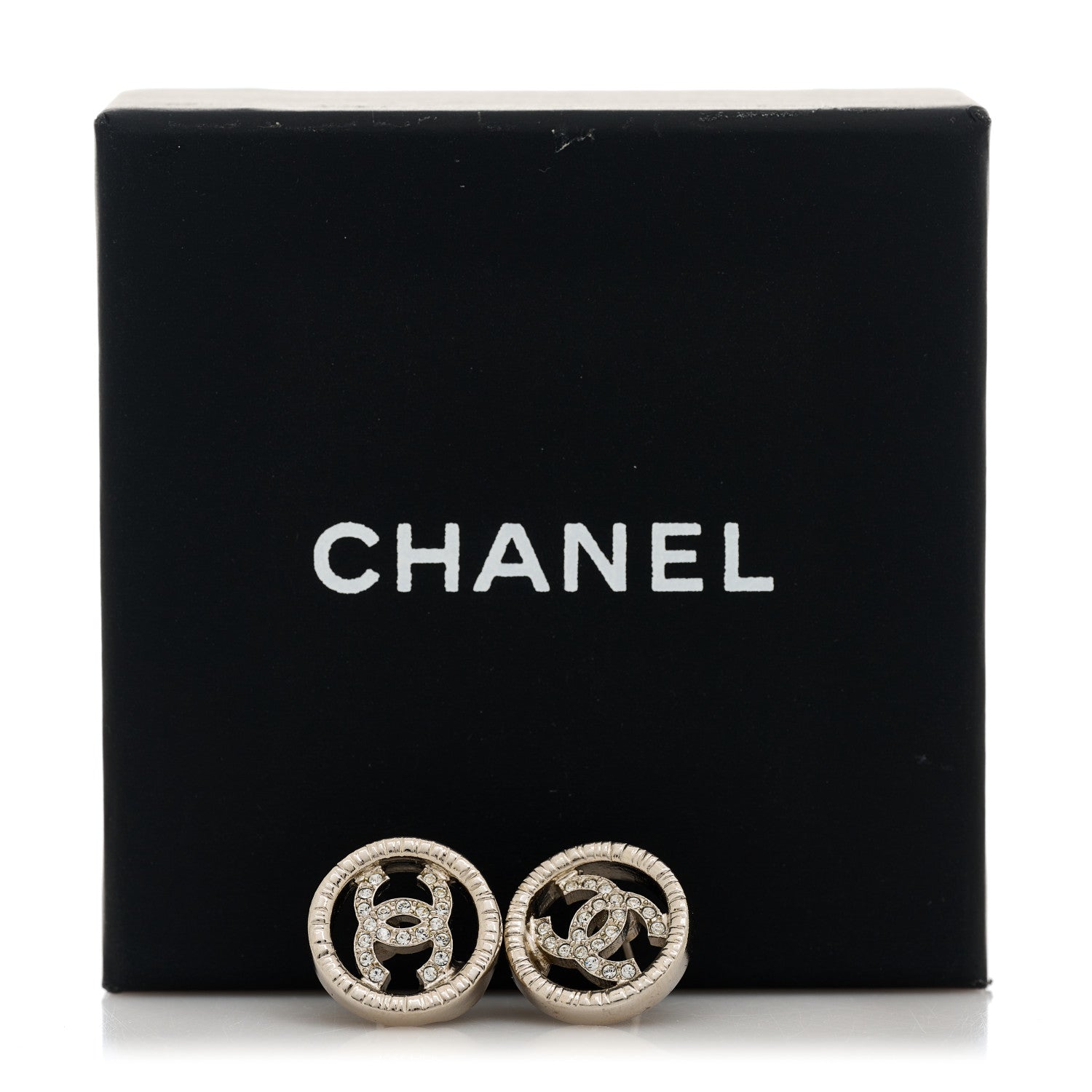 Chanel Metal Crystal Textured CC Round Earrings Silver 5 of 5