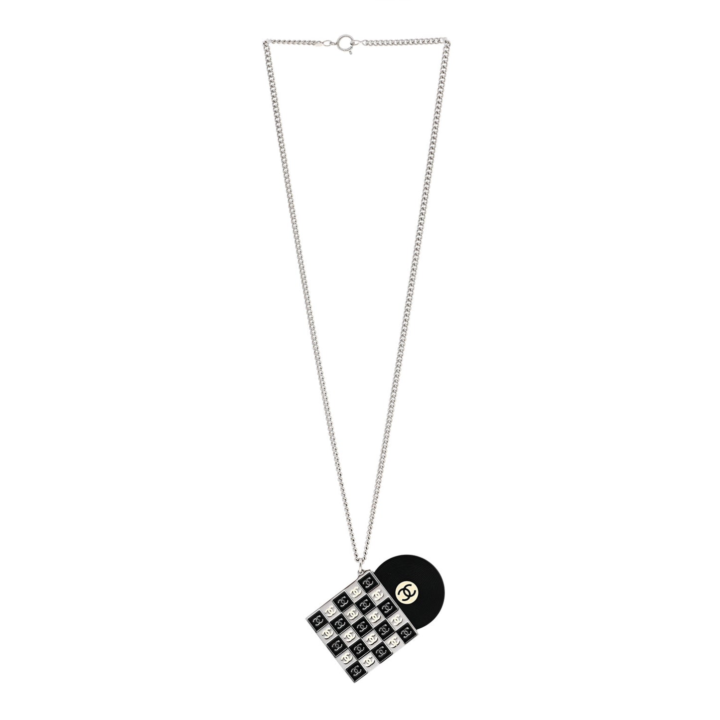 Metal Resin CC Vinyl Record Player Necklace Black White