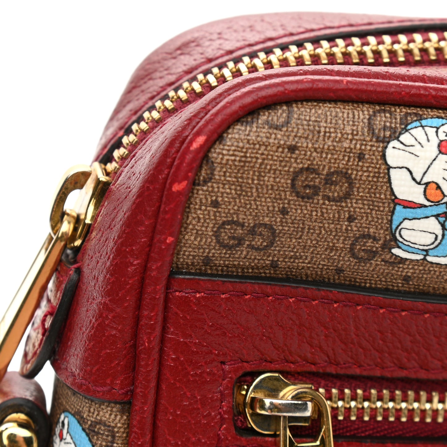 X DORAEMON Mini Vintage GG Supreme Monogram Camera Bag Beige Cherry Red