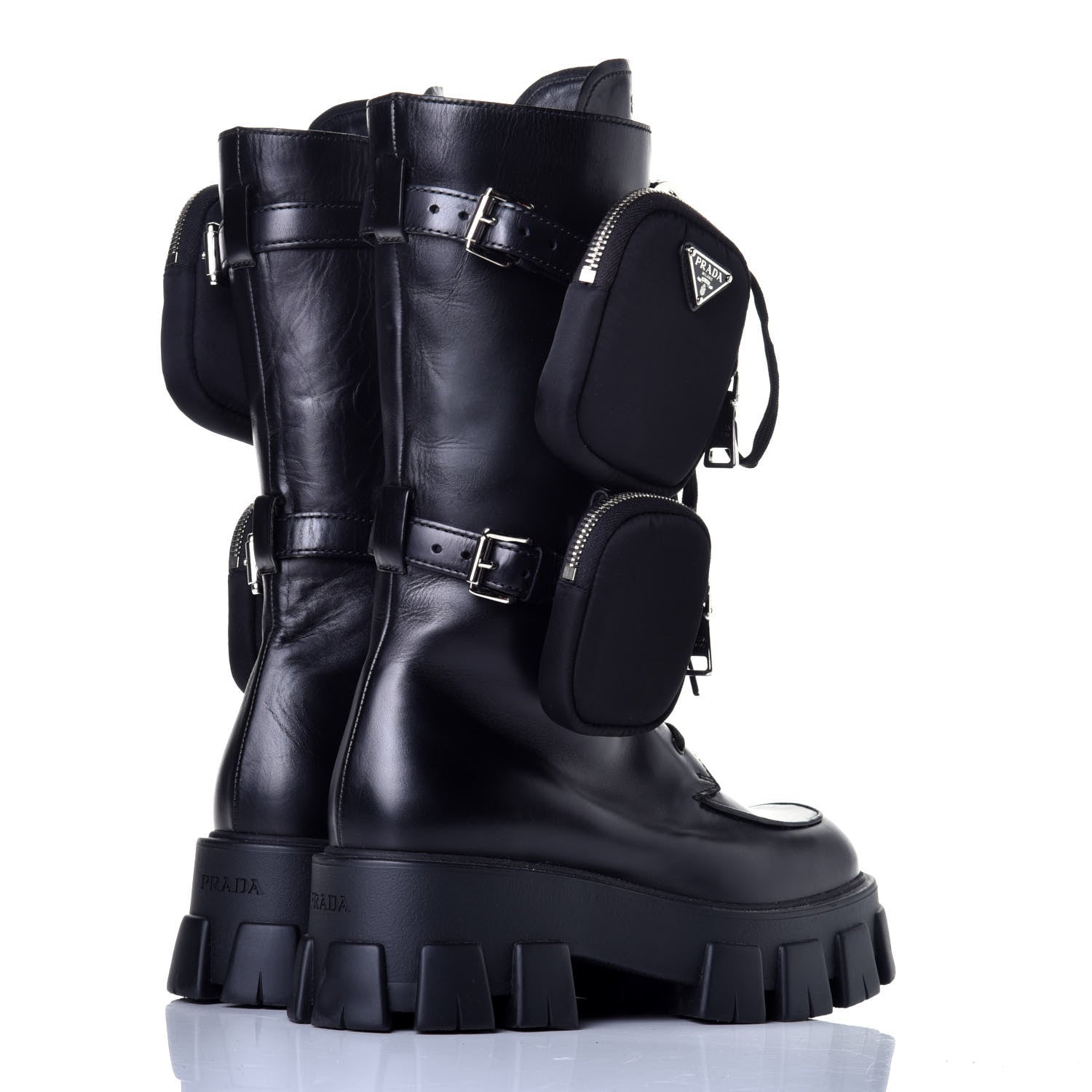 Prada Vitello Lux Nylon Metal Triangle Logo Monolith Pouch Pocket 55mm Tall Combat Boots Black 4 of 7