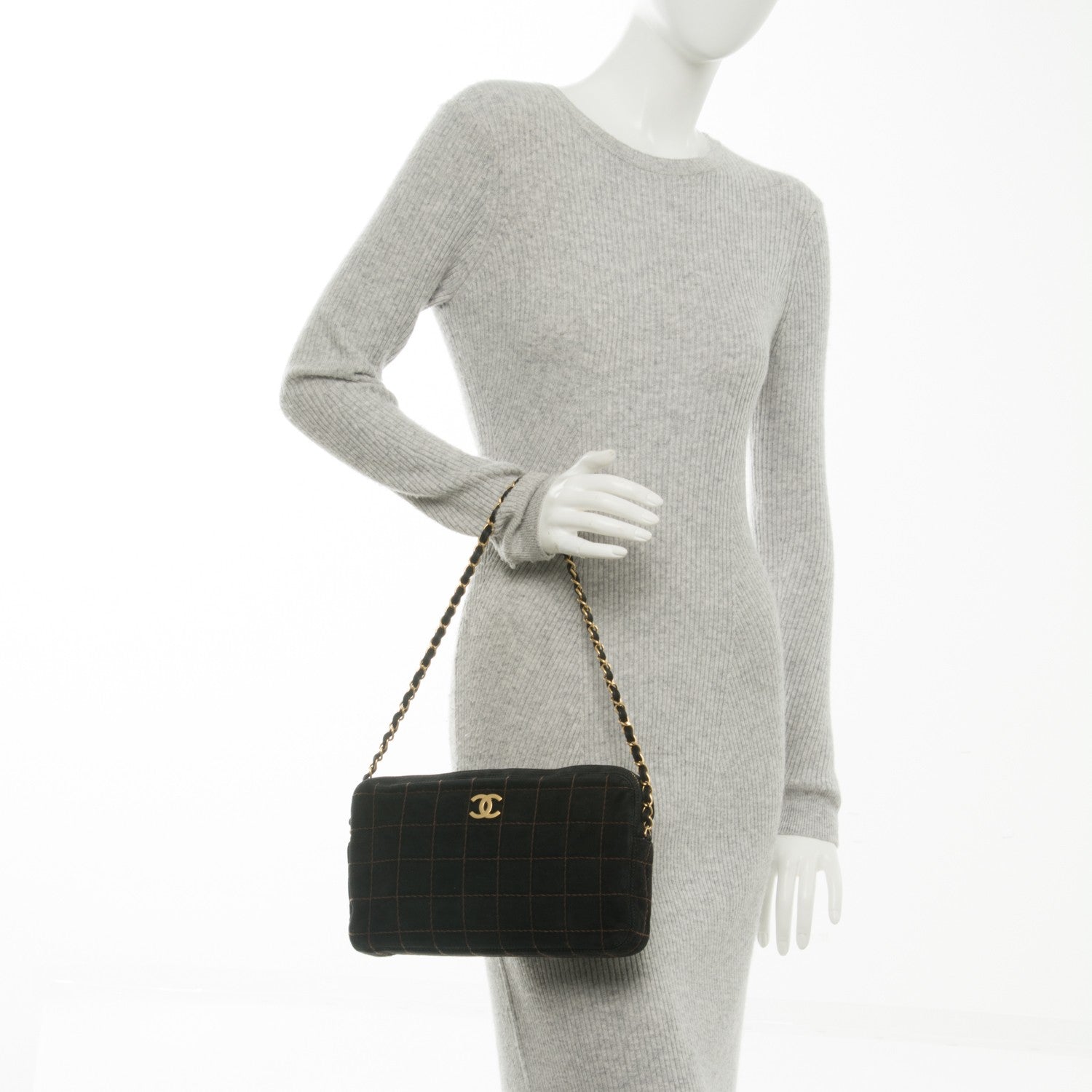 Chanel Suede Square Stitched Shoulder Bag Black 2 of 7