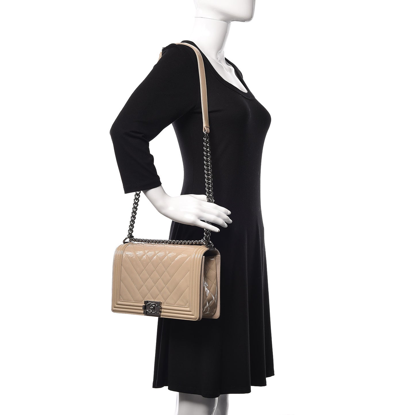 Patent Chevron Quilted New Medium Boy Flap Beige