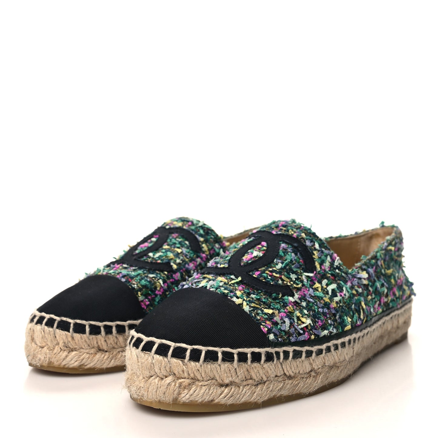 Tweed Grosgrain CC Espadrilles 38 Green Pink Yellow Black
