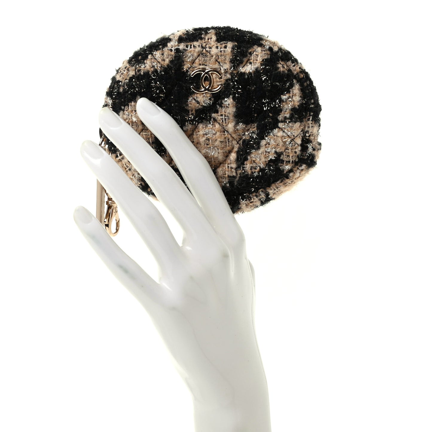 Wool Tweed Quilted Round Clip On Coin Purse Beige Black