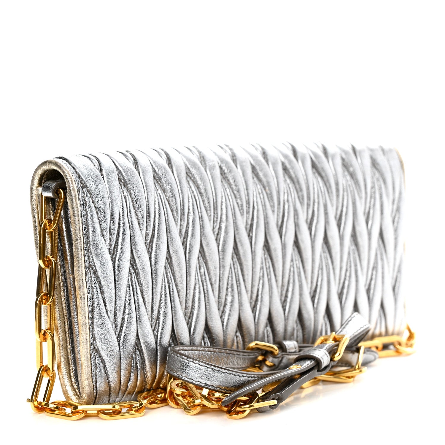 Miu Miu Metallic Nappa Matelasse Wallet On Chain Silver 1310917