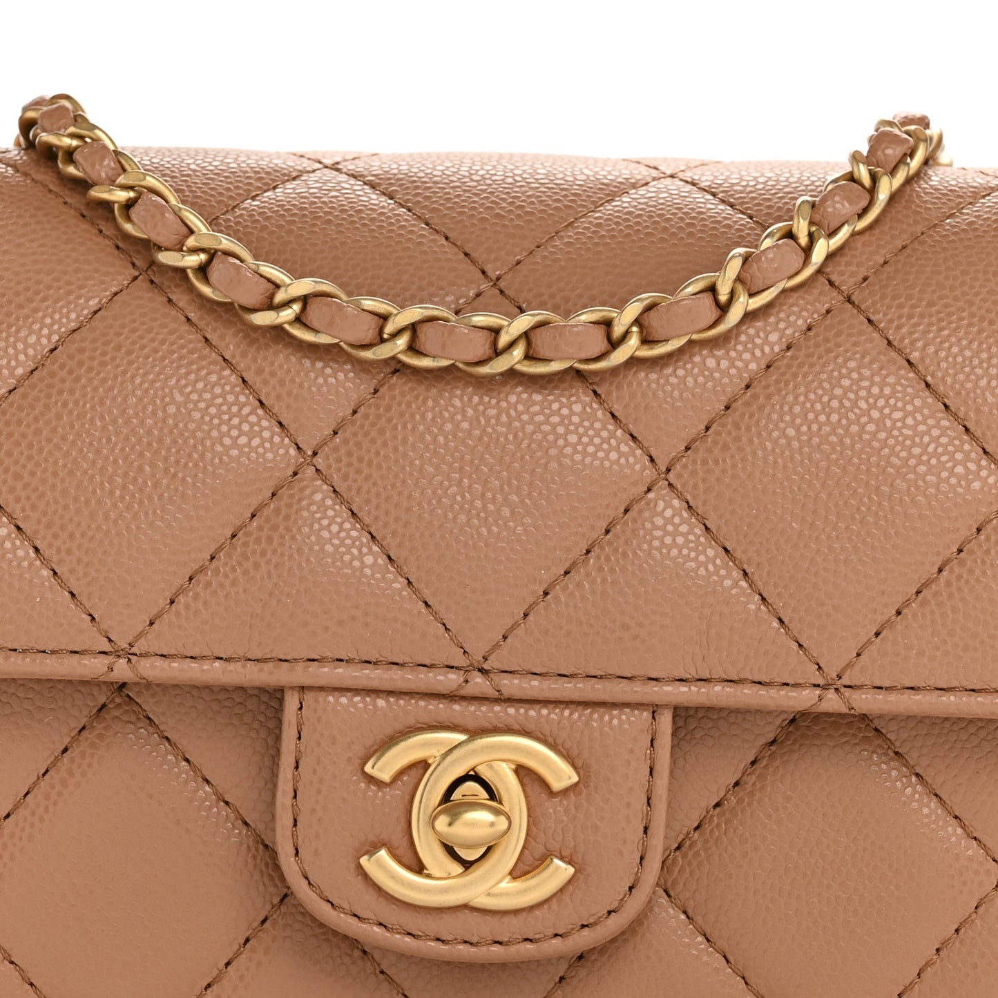 Shiny Caviar Quilted Mini Top Handle Flap Bag Camel
