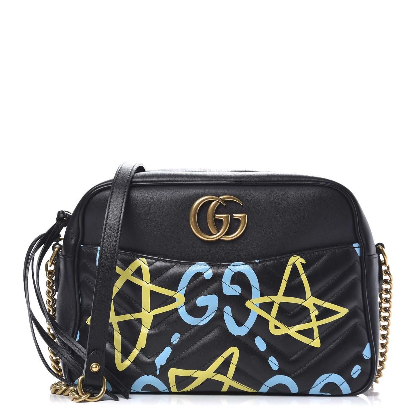 Calfskin Matelasse GucciGhost Medium GG Marmont Chain Shoulder Bag Black New Acquamarine