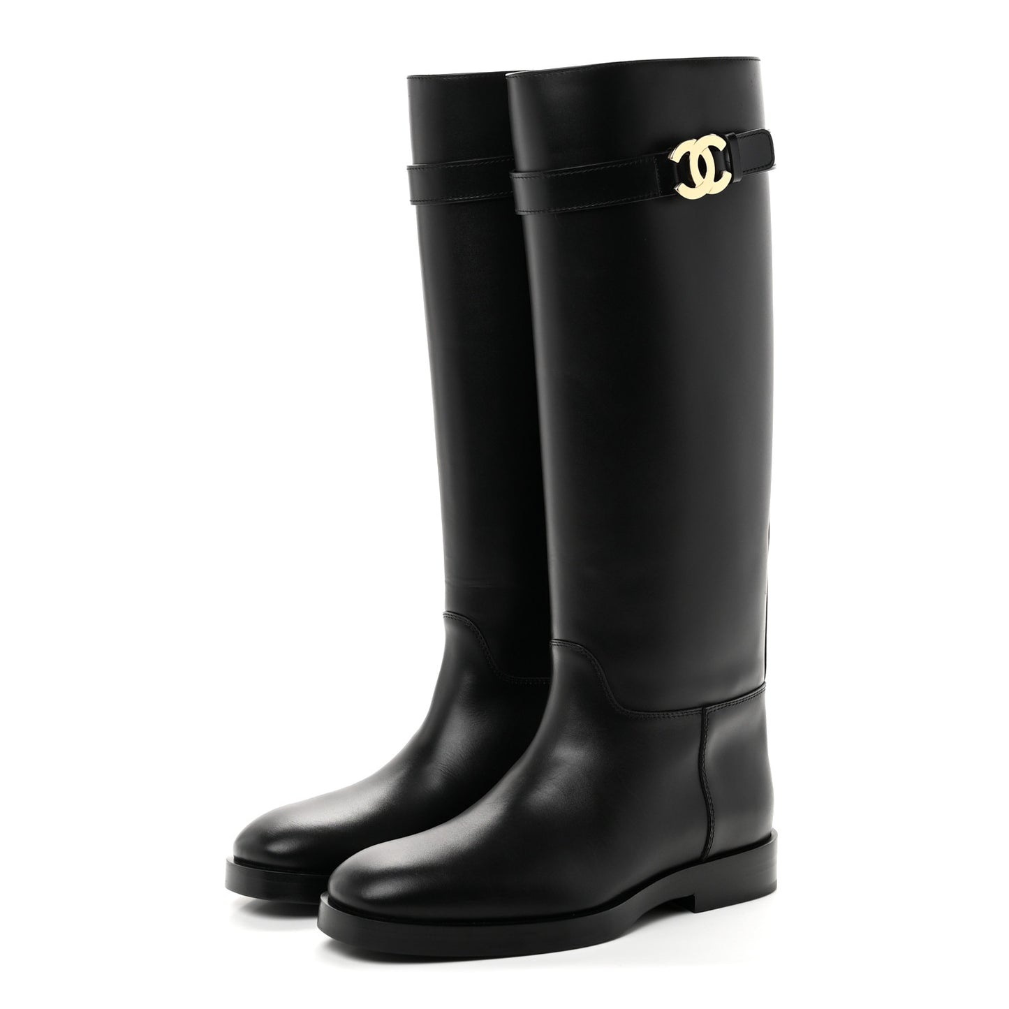 Calfskin CC Buckle High Boots 38 Black