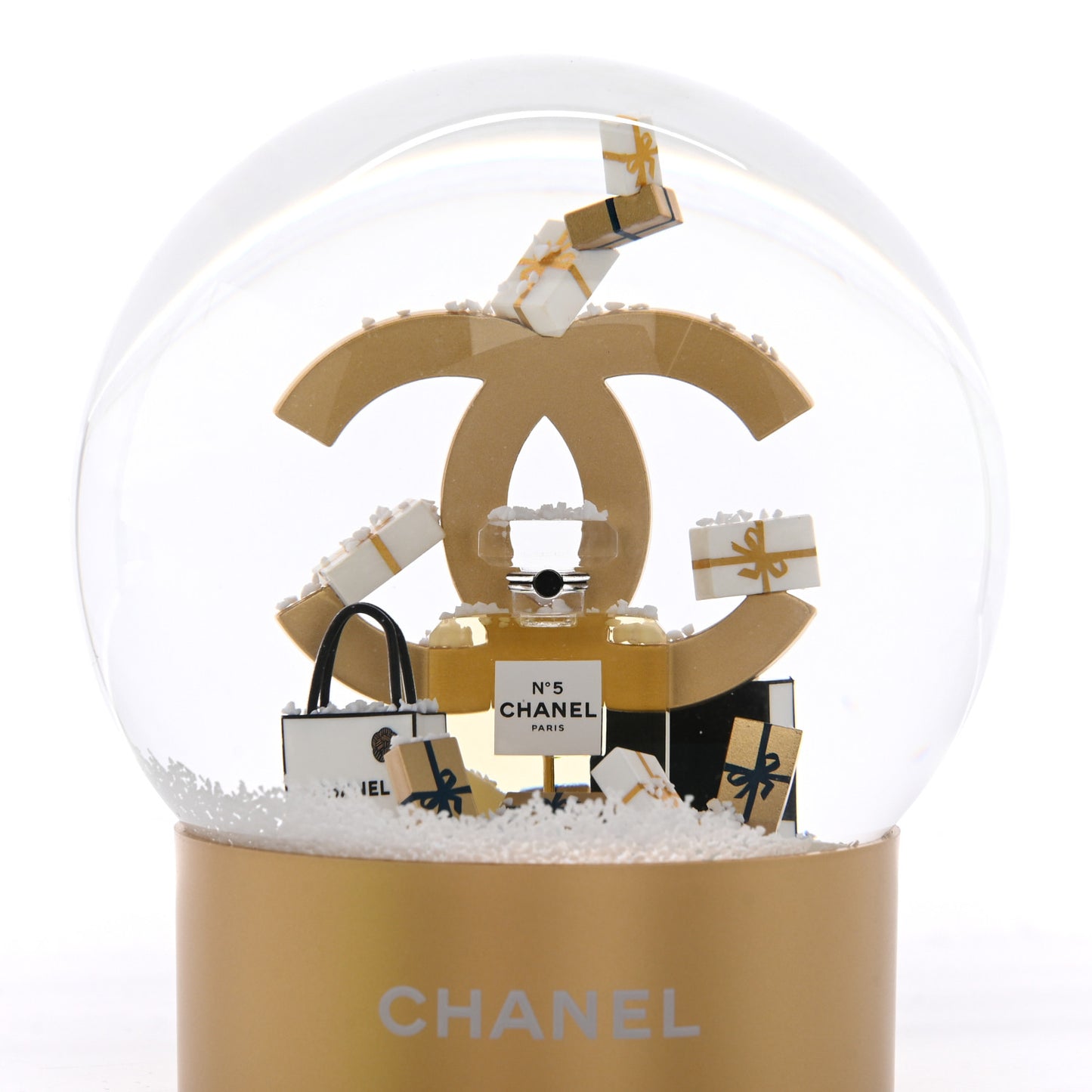 Glass CC Shopping Bag Snow Globe Gold