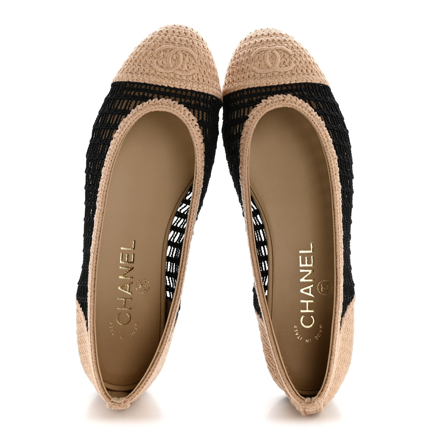 Chanel Raffia Cap Toe Ballerina Flats 37 Black Beige 2 of 9