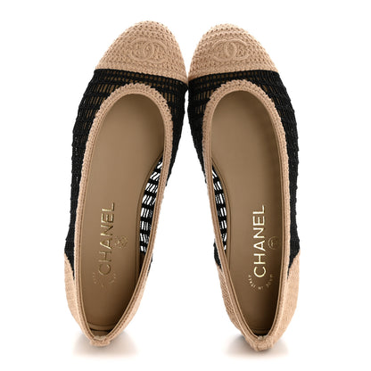 Chanel Raffia Cap Toe Ballerina Flats 37 Black Beige 2 of 9