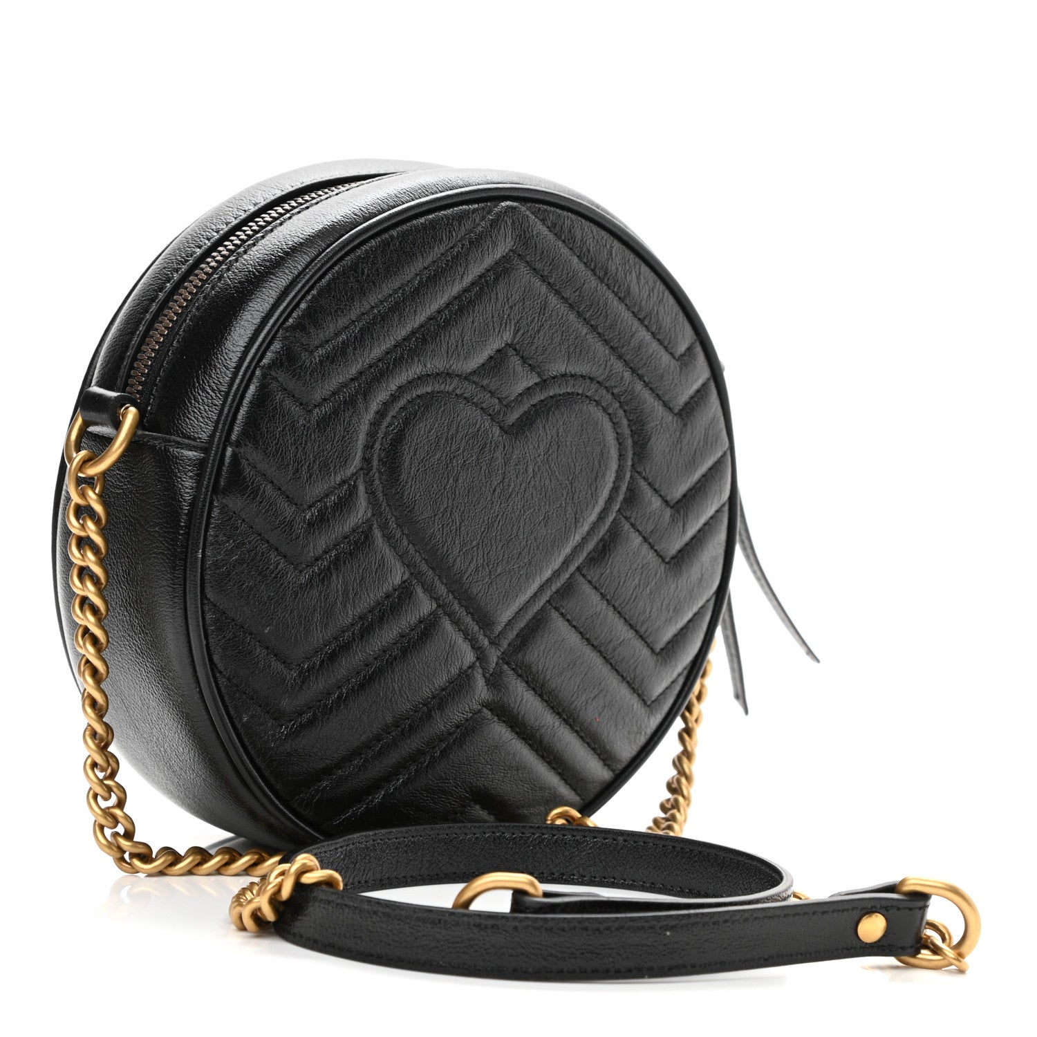 Gucci Azalea Calfskin Matelasse Heart Mini GG Marmont Round Shoulder Bag Black 3 of 9