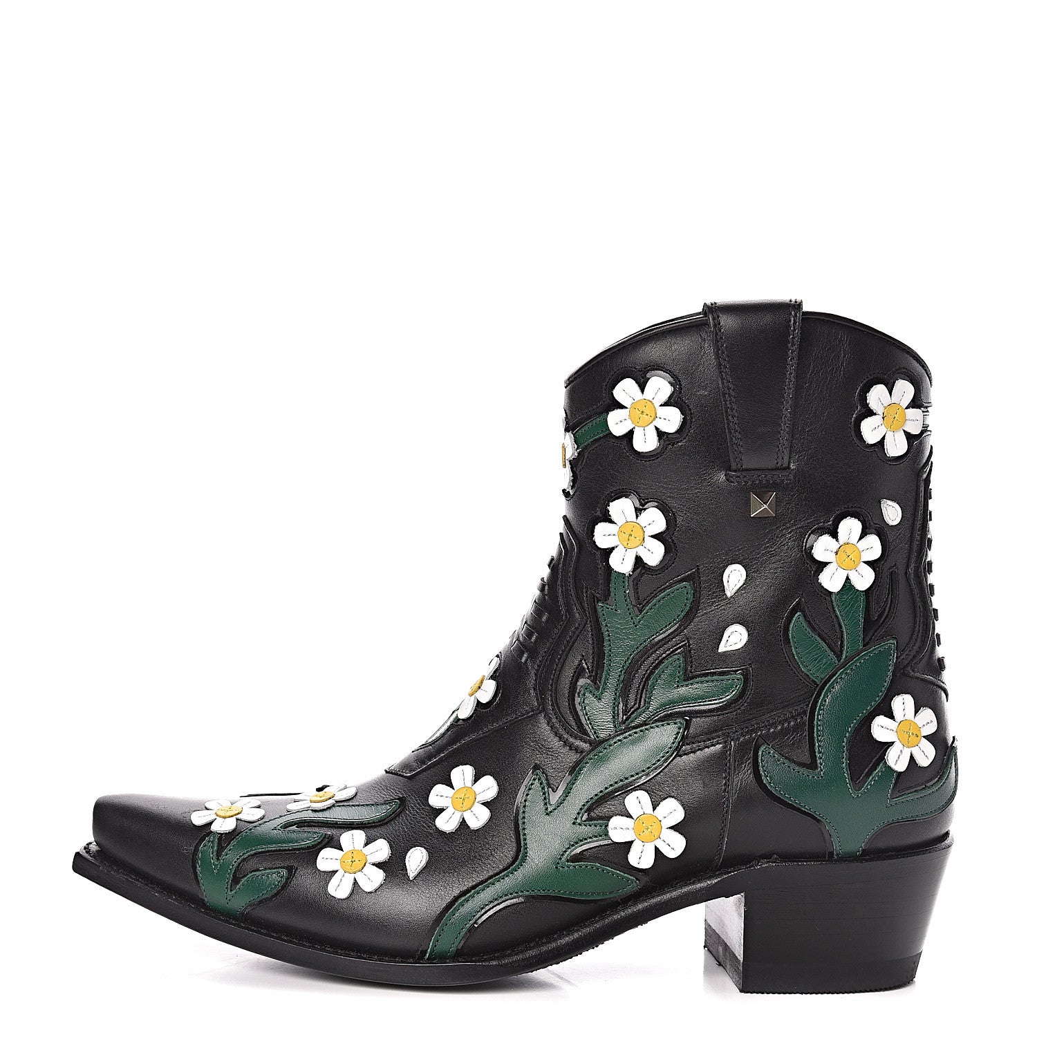 Valentino Garavani Calfskin Ranch Daisy Applique Ankle Boots 39 Black 1 of 13