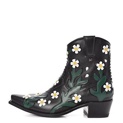 Valentino Garavani Calfskin Ranch Daisy Applique Ankle Boots 39 Black 1 of 13